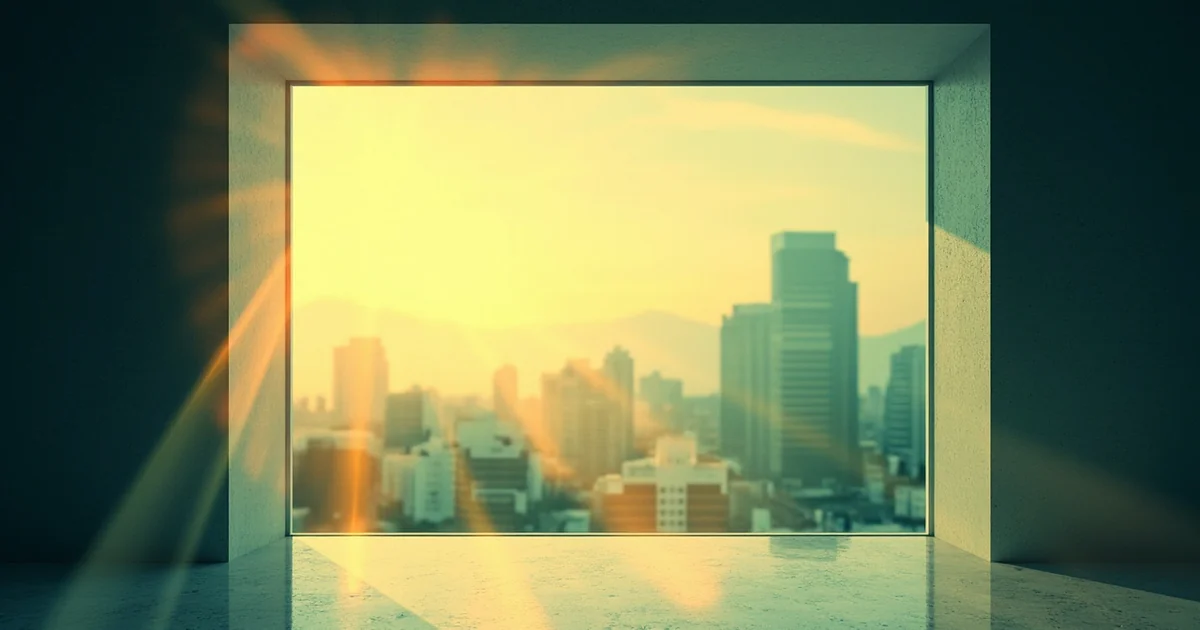 Janela aberta com luz dourada sobre paisagem urbana ao entardecer