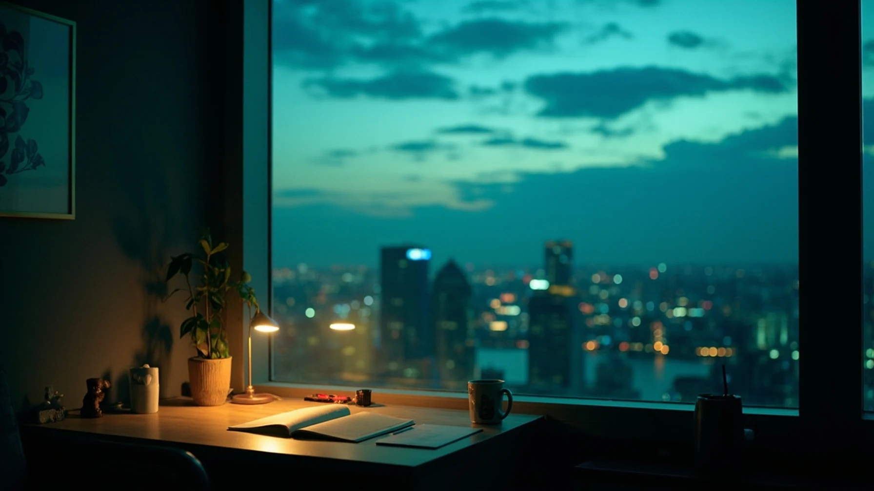Estúdio compacto moderno mobiliado, escrivaninha junto à janela com vista urbana ao entardecer, luz quente de luminária