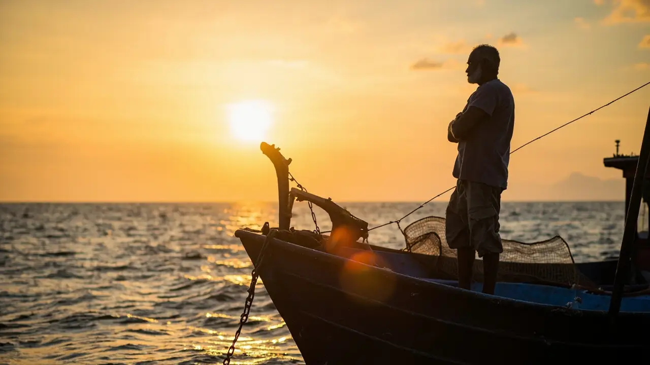 Pescador profissional brasileiro ao lado de embarcação própria adquirida via consórcio