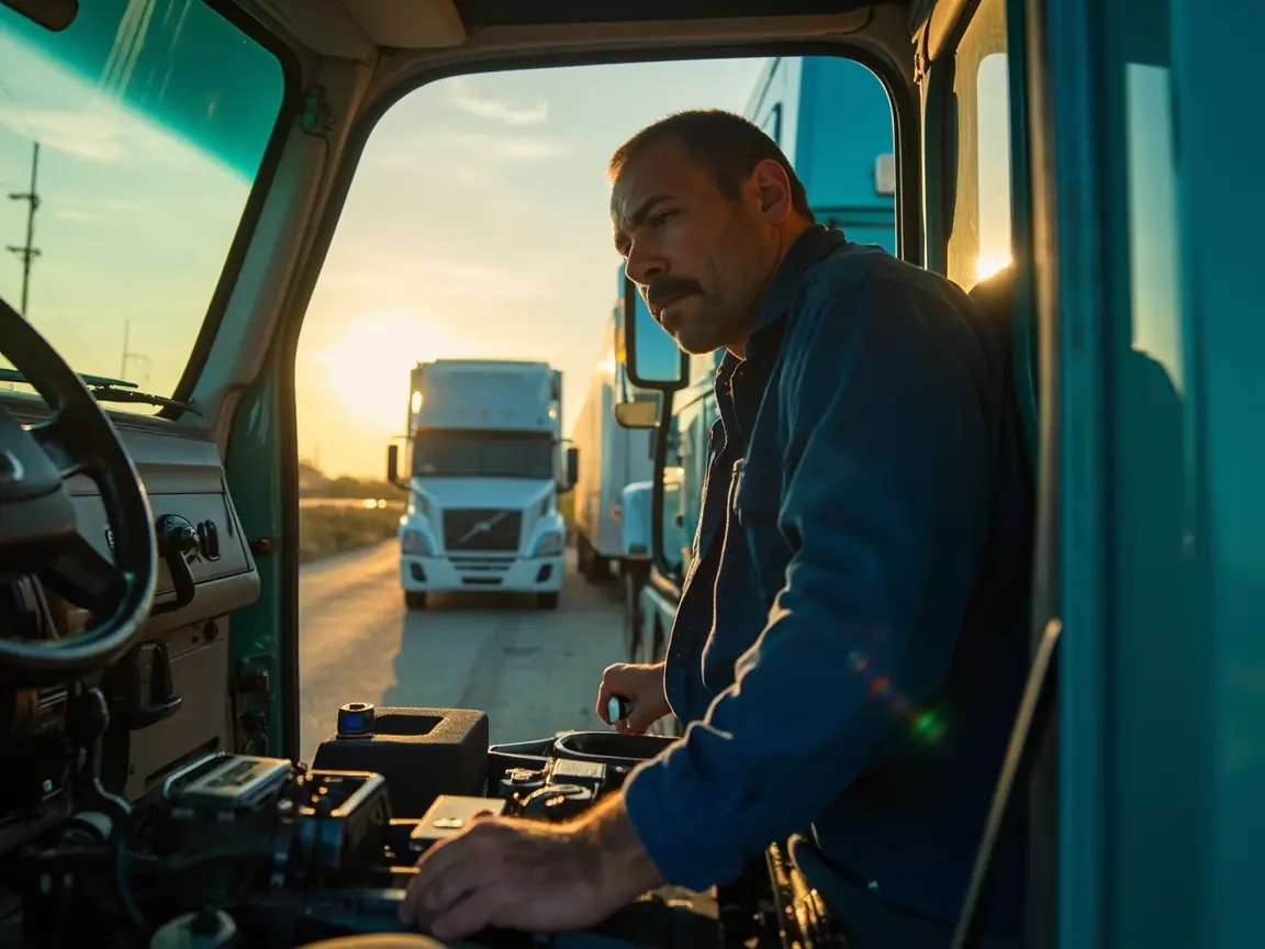 Ilustração editorial complementar ao tema: side view of a modern Brazilian cargo truck with three smaller truck silhouettes behind it suggesting fleet expansion, paired with a steady horizontal line representing preserved cash flow