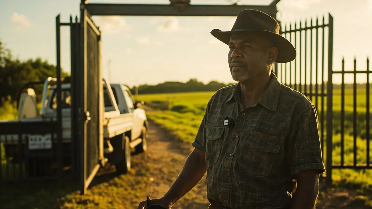 Pequeno produtor em caminhonete S10 na porteira de sua fazenda
