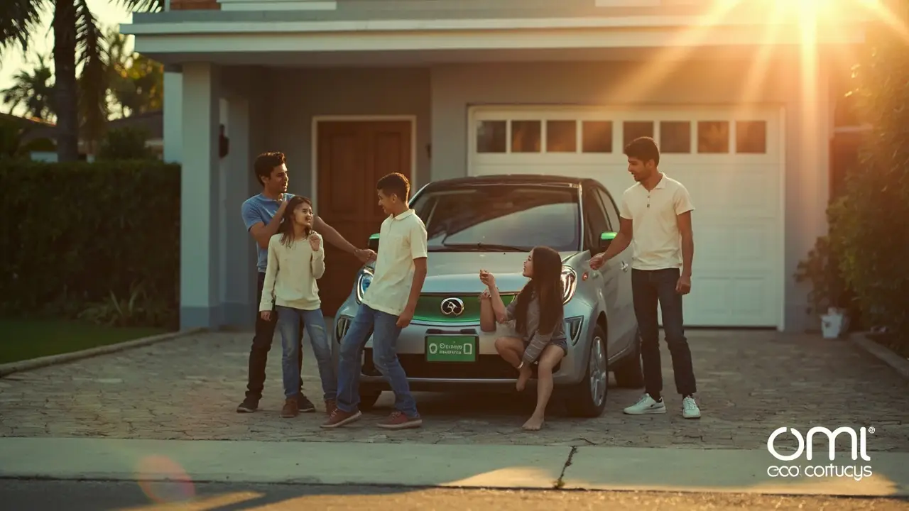 Família com carro elétrico compacto diante de casa com garagem
