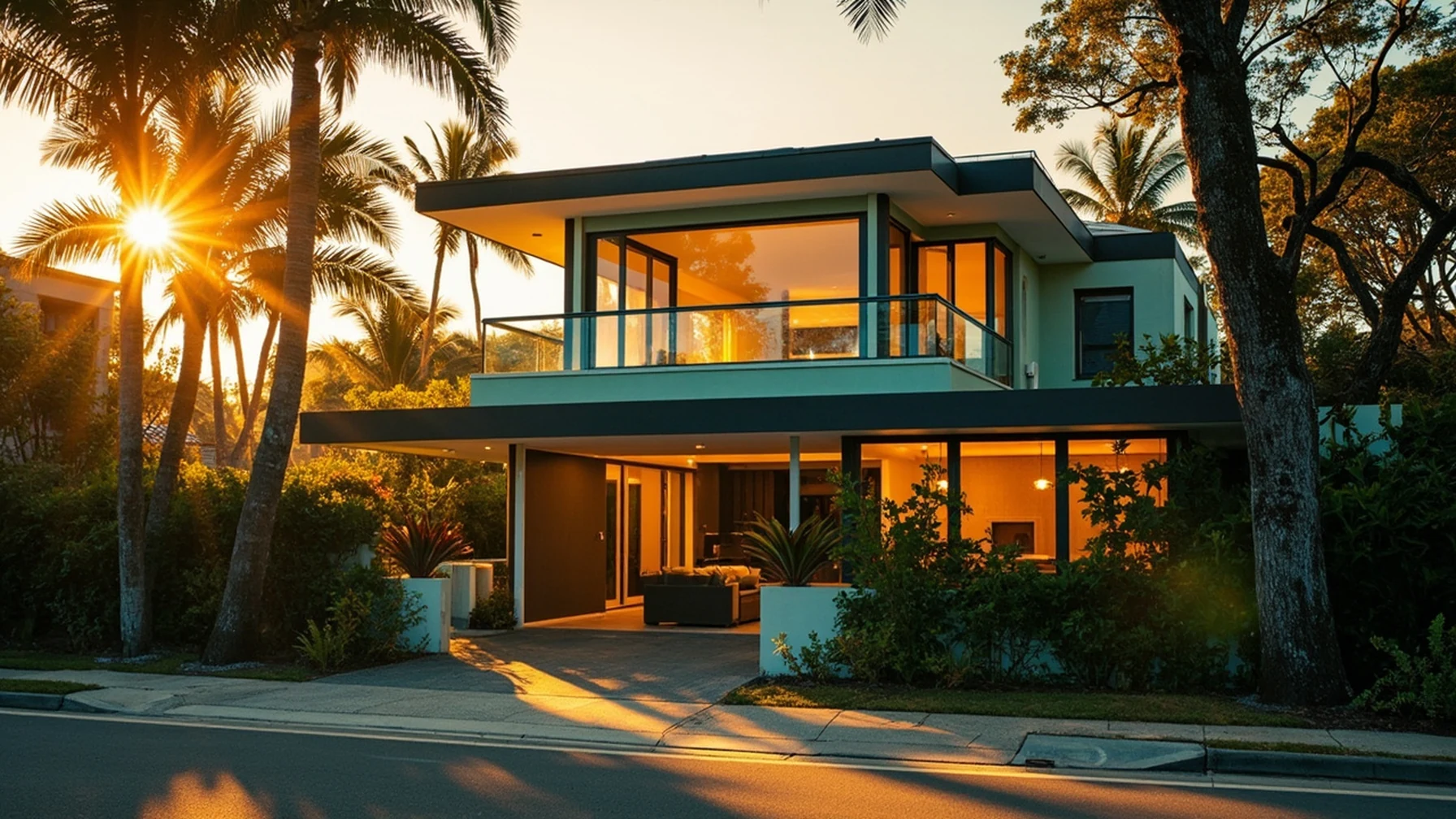 Casa de praia contemporânea em rua arborizada de cidade litorânea brasileira ao entardecer, varanda iluminada
