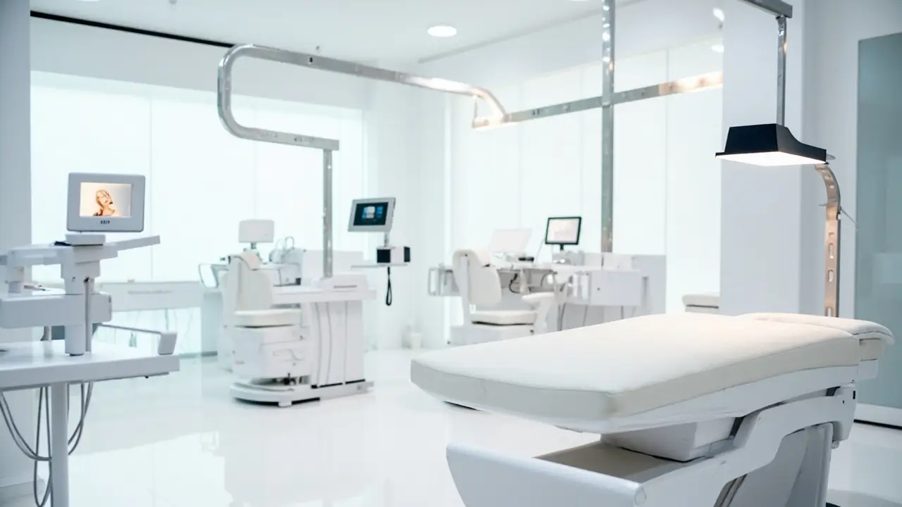 Interior de clínica estética médica brasileira moderna com equipamentos de última geração em superfícies brancas limpas
