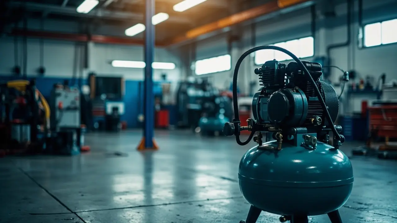 Oficina mecânica com compressor de ar industrial no chão