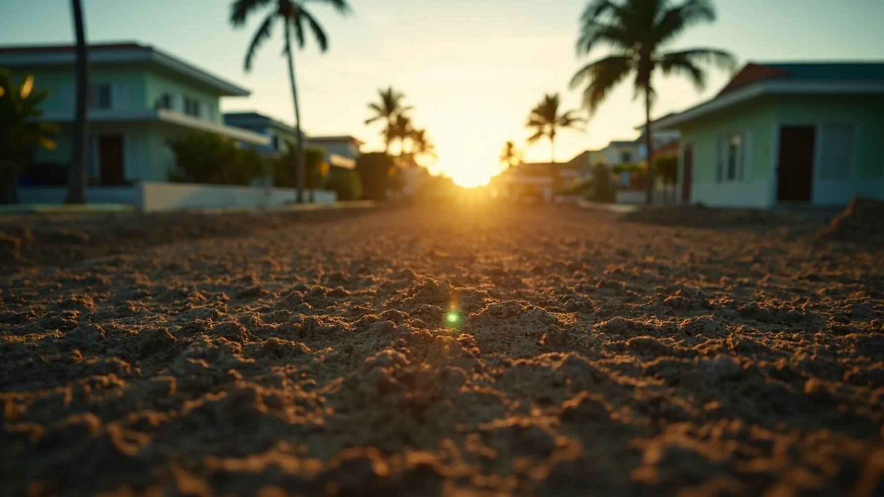 Terreno residencial preparado para construção em bairro tranquilo ao amanhecer, palmeiras ao fundo