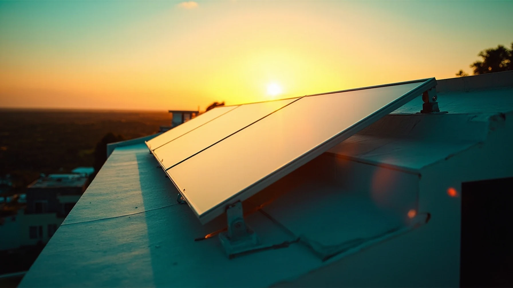 Telhado residencial com placas solares ao entardecer, perspectiva ampla de horizonte