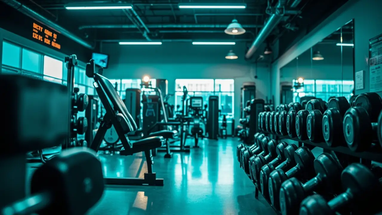 Estúdio de personal training moderno e iluminado com equipamentos fitness, representando negócio próprio montado com planejamento
