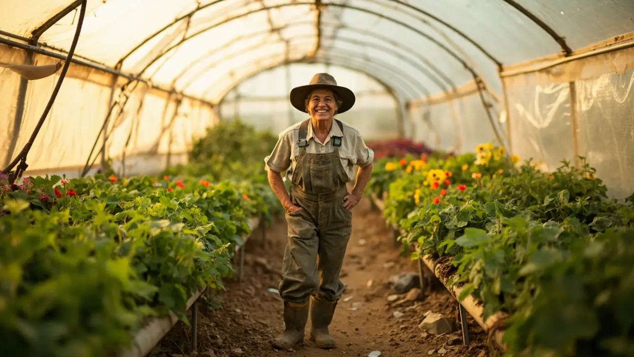 Produtora de floricultura na entrada da estufa profissional conquistada via consórcio de equipamentos