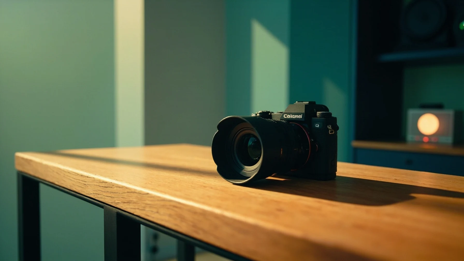 Mesa de trabalho de estúdio criativo com câmera mirrorless e lente ao lado de iluminação ambiente, foco em equipamento profissional sem tela visível