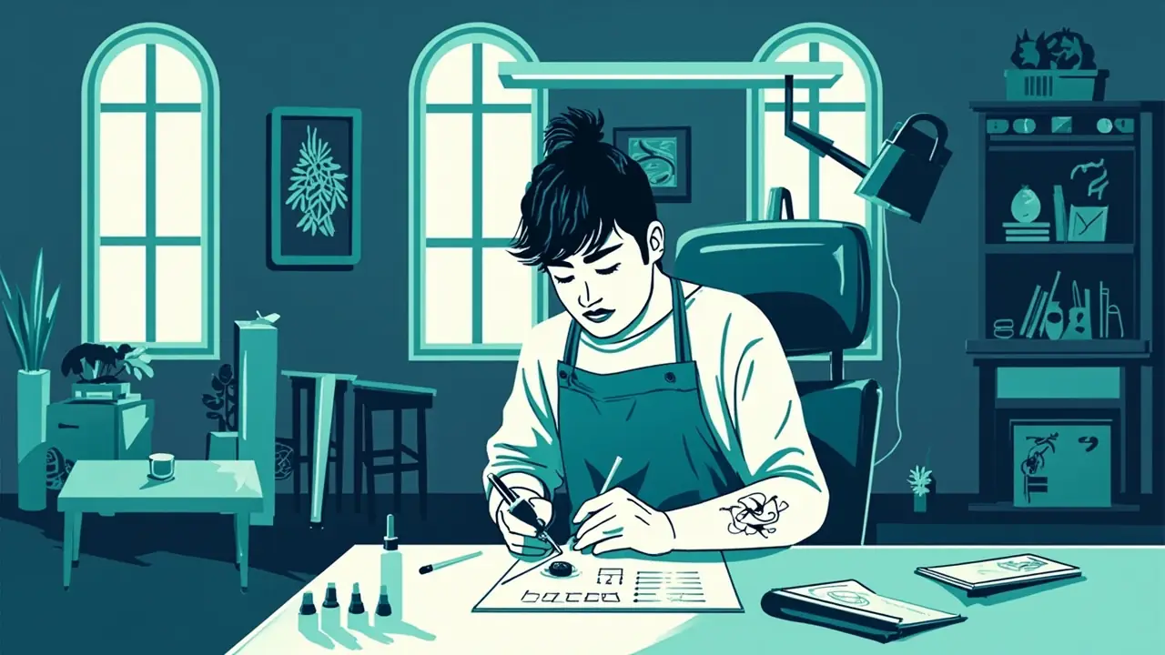 Interior de estúdio de tatuagem profissional moderno e organizado com cadeira de atendimento ajustável, iluminação cirúrgica, mesas limpas e decoração artística nas paredes, sem pessoas
