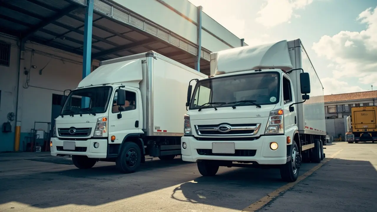 Duas pickups novas de empresa de delivery estacionadas para carregamento