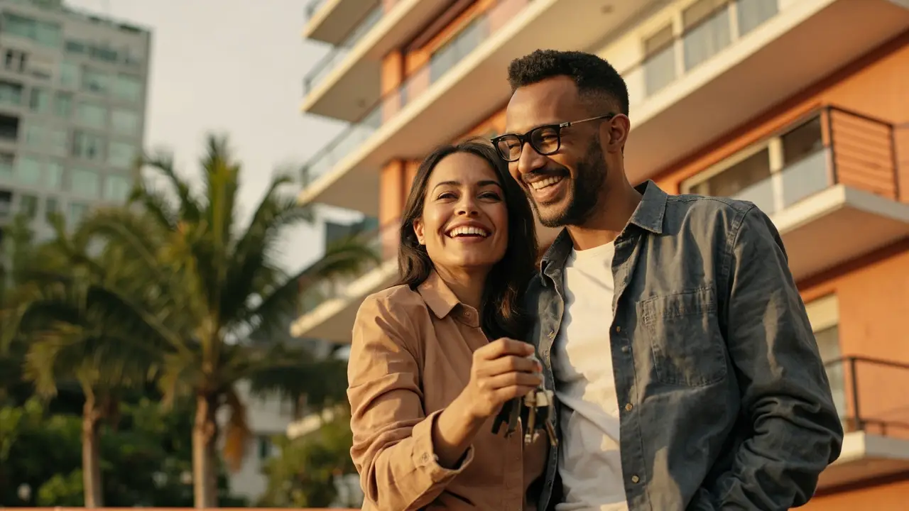 Casal estrangeiro residente no Brasil segurando chaves do imóvel próprio adquirido via consórcio