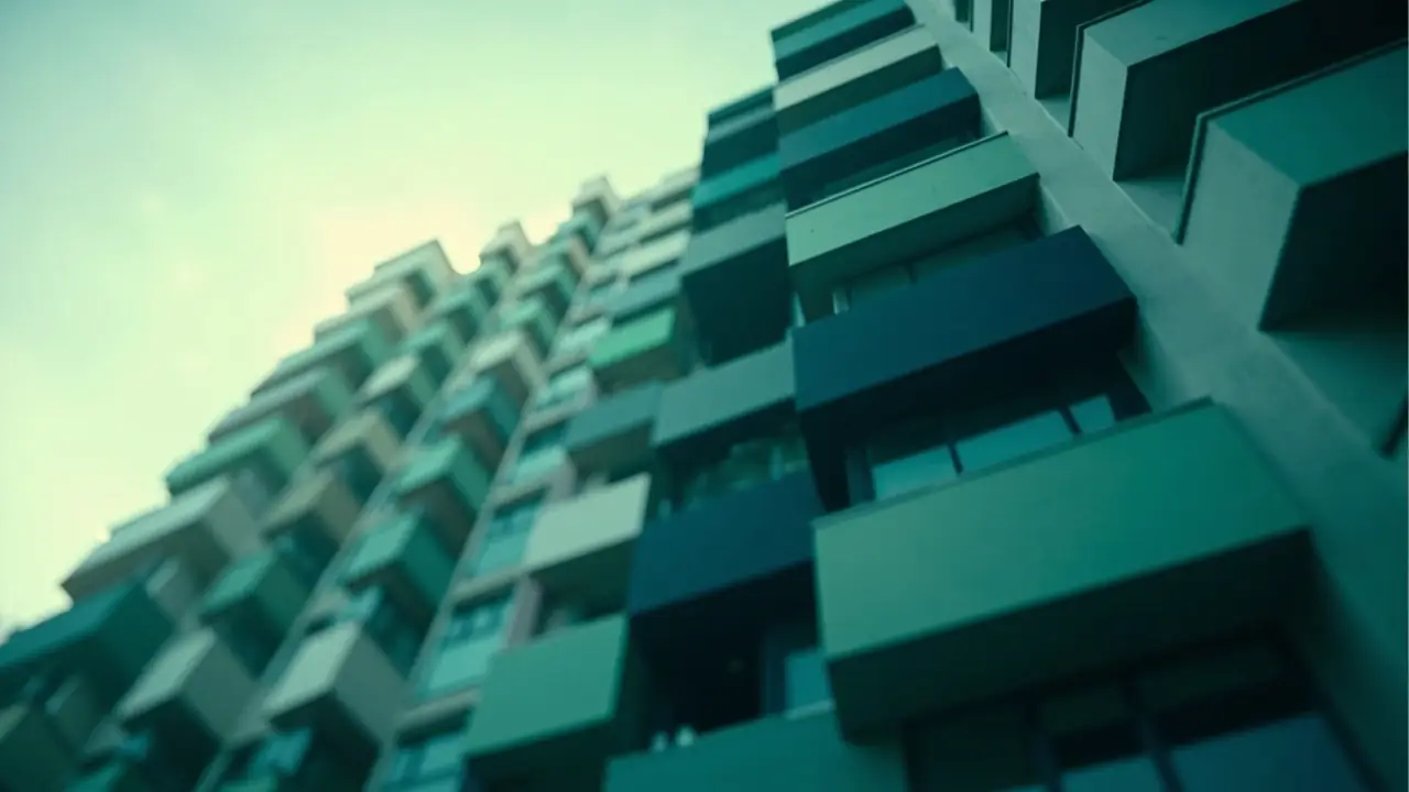 Prédio residencial moderno ao amanhecer, perspectiva de baixo para cima, luz natural suave