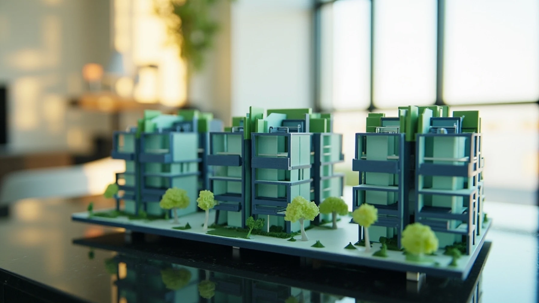 Maquete arquitetônica de empreendimento residencial em mesa de showroom, foco em maquete física com perspectiva longa