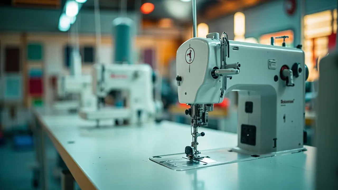 Ateliê de costura organizado com rolos de tecido coloridos e máquina industrial, representando negócio próprio estruturado