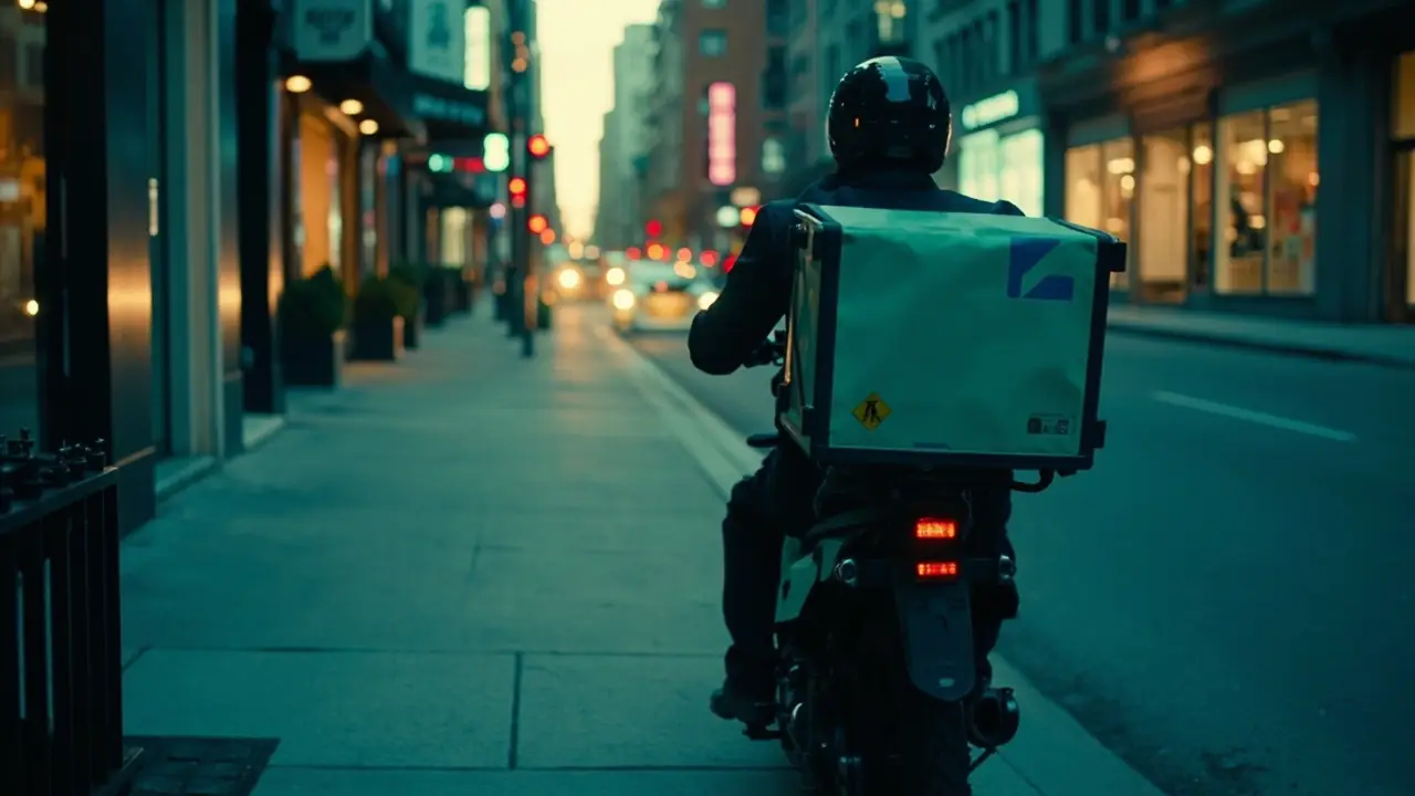 Moto estacionada em calçada urbana ao entardecer, perspectiva de trabalhador autônomo