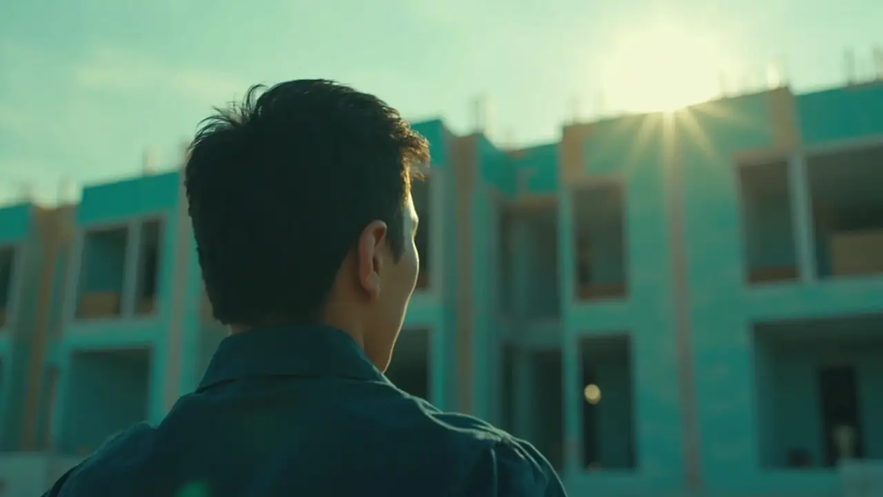 Jovem adulto visto de costas observando construção residencial moderna ao entardecer