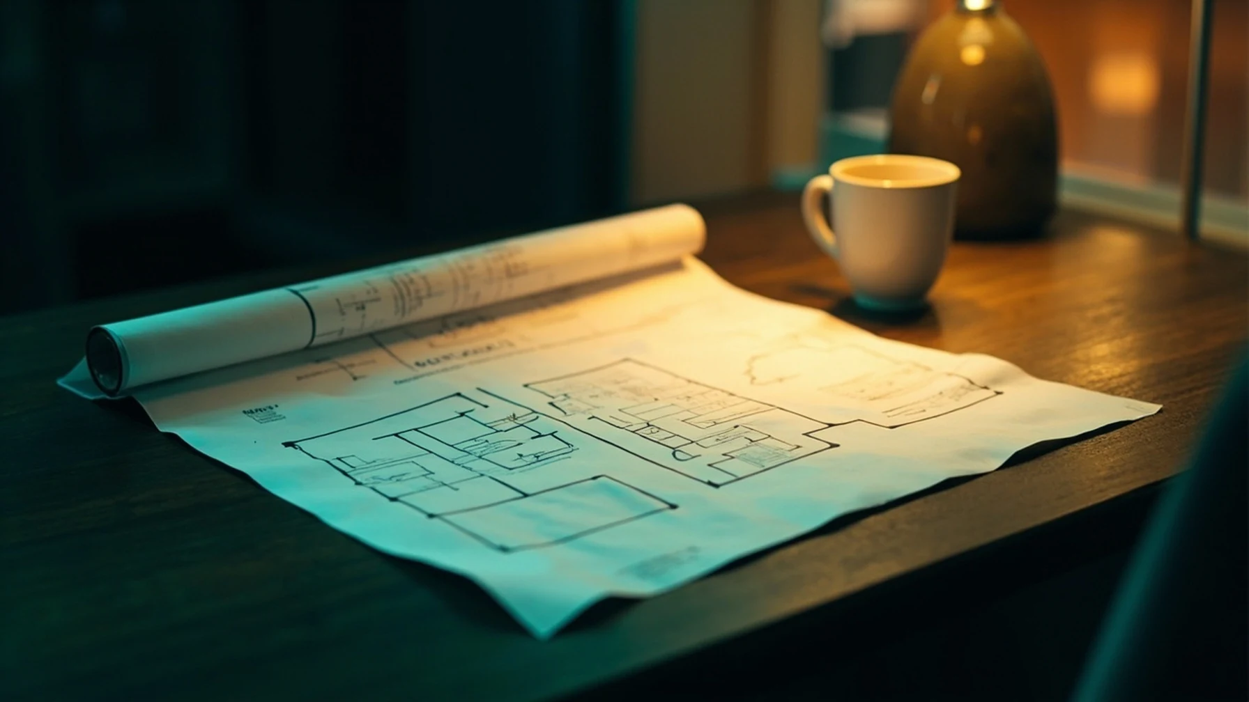 Mesa de trabalho em escritório residencial moderno com planta de imóvel aberta ao lado de luminária, ambiente calmo ao entardecer