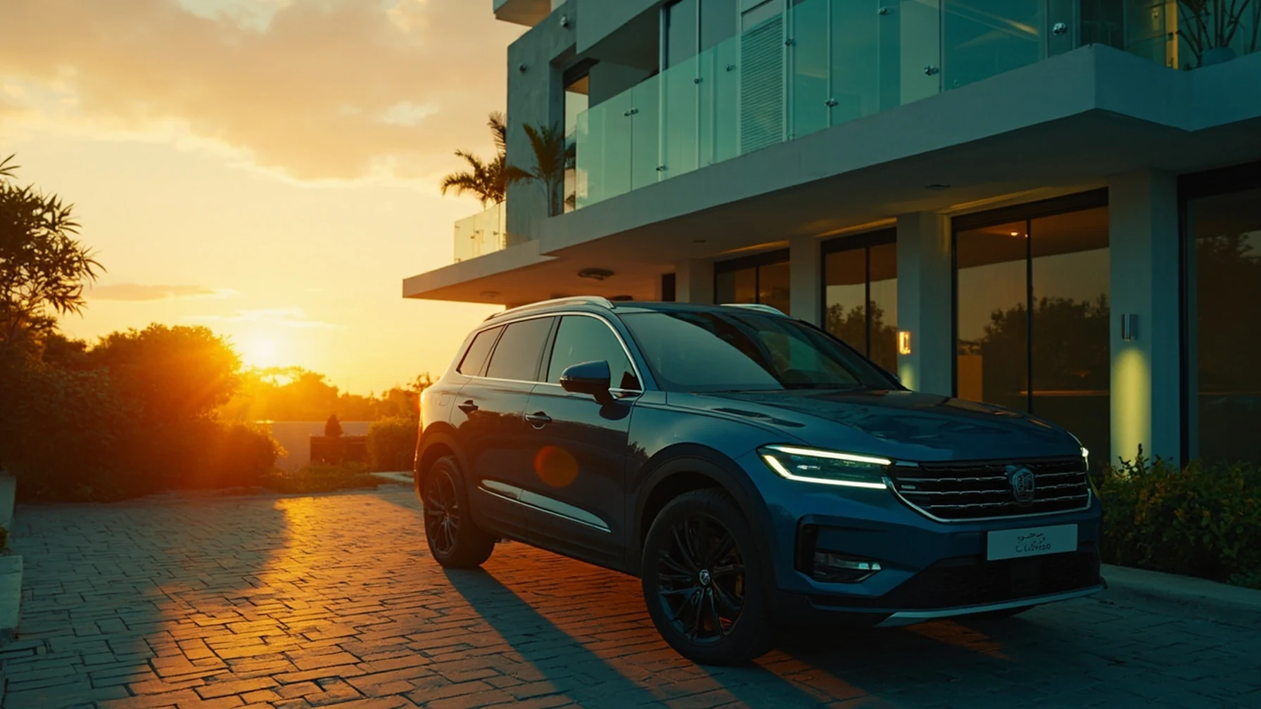 SUV familiar moderno estacionado em frente a casa residencial em bairro tranquilo ao entardecer