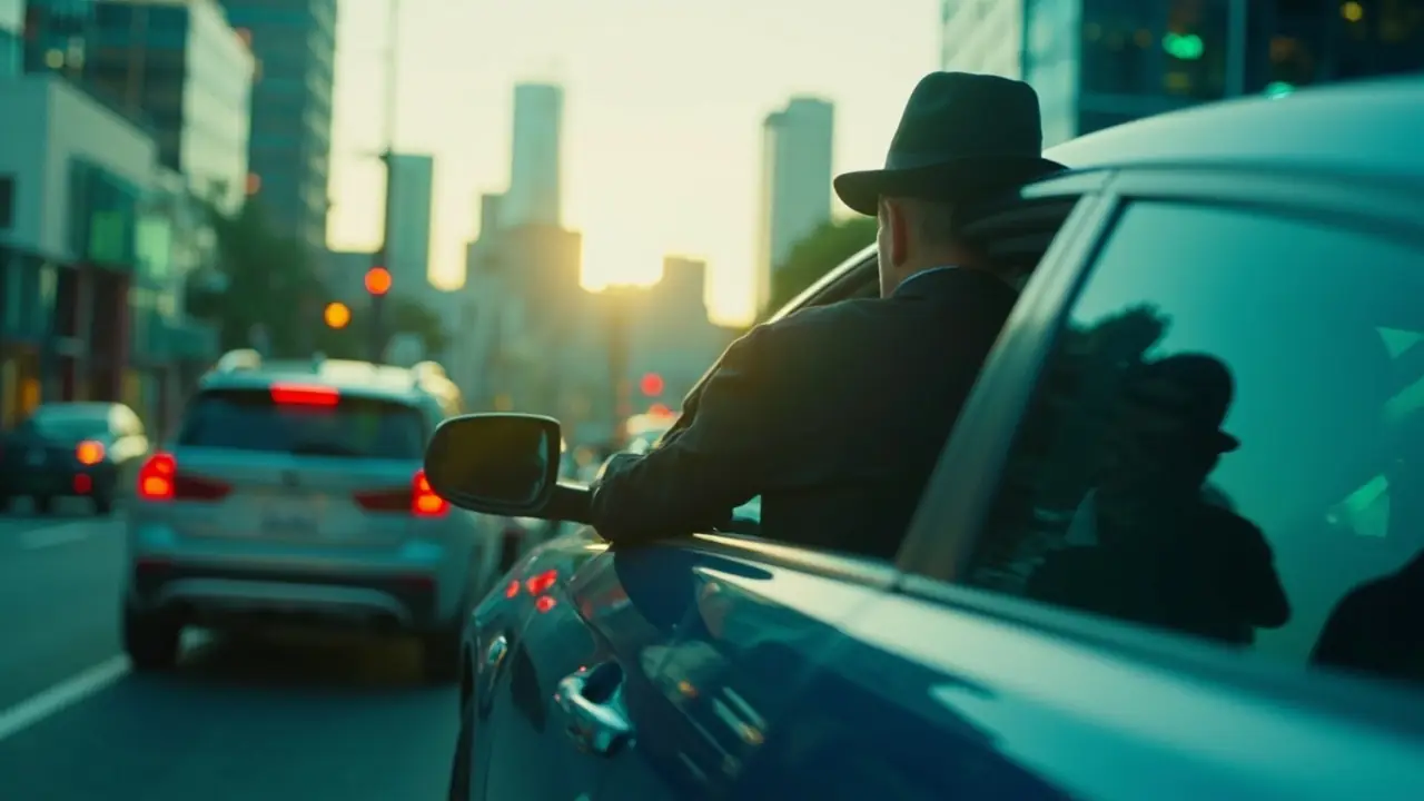 Motorista de aplicativo visto de costas ao lado de sedan moderno em centro urbano ao amanhecer