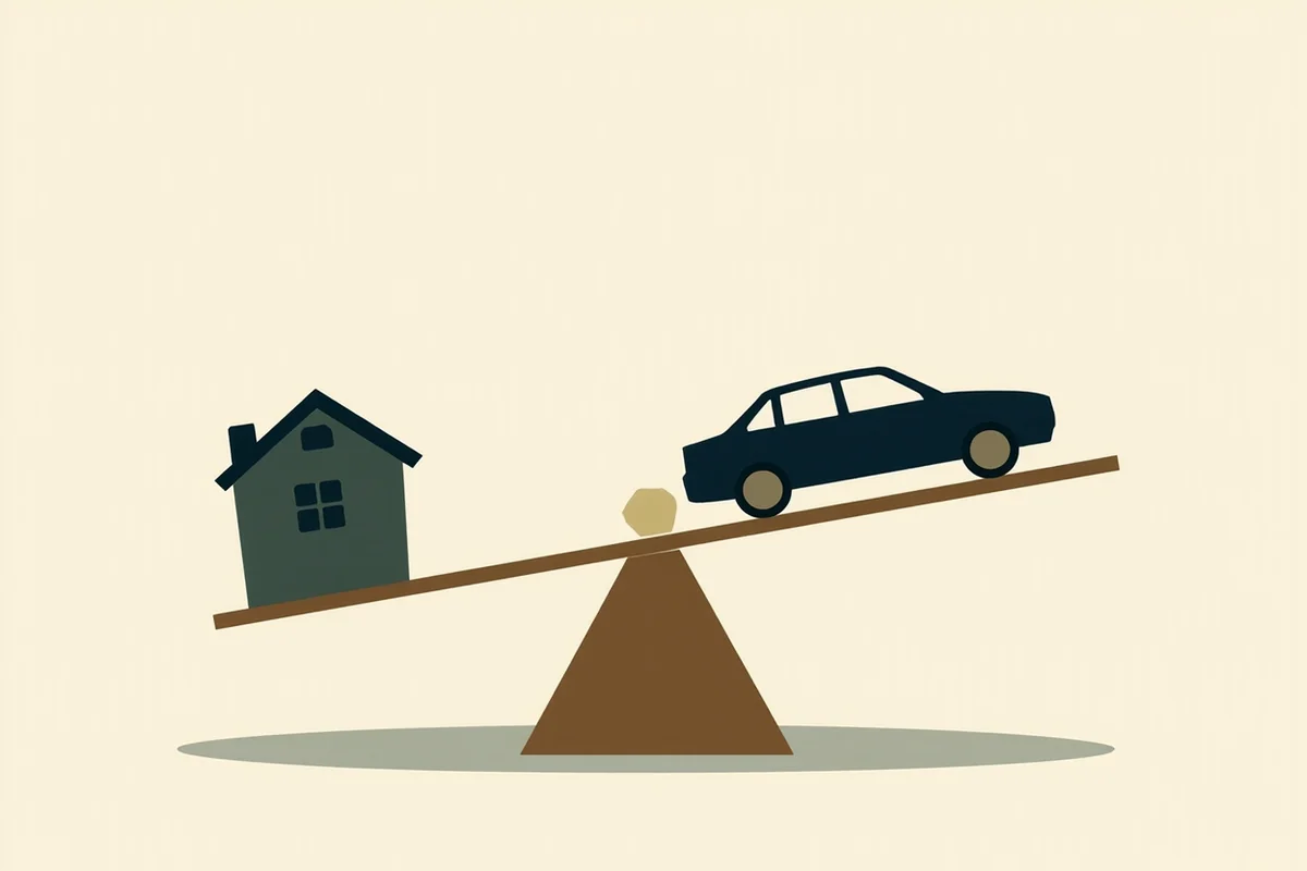 Ilustração de três cenários — casa, carro e equipamento — cada um com duas barras verticais comparando o custo total de financiamento (barra alta) e consórcio (barra menor).