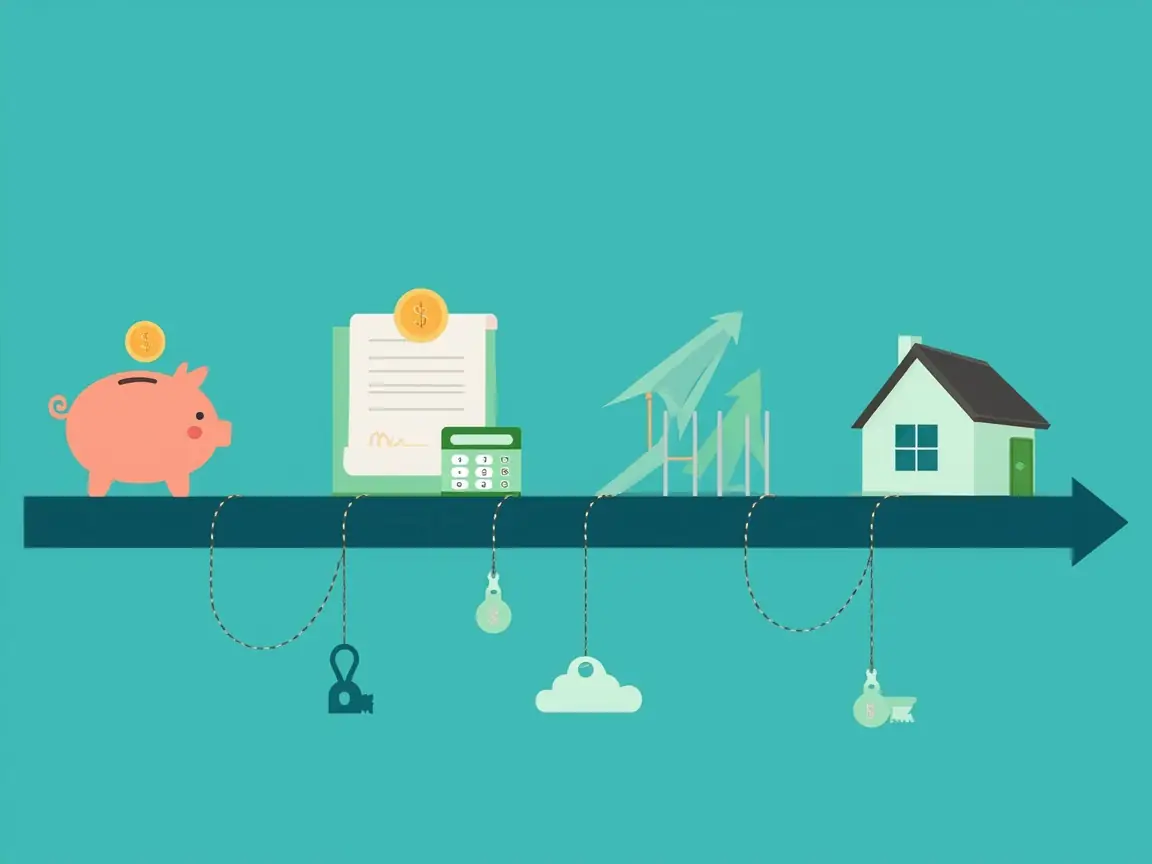 Ilustração de linha do tempo em quatro estágios — cofre porquinho, contrato, lance e chaves de uma casa — conectados horizontalmente.