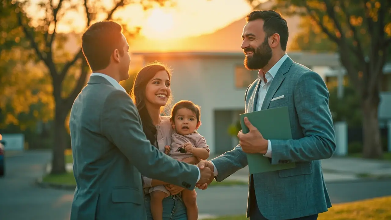Família brasileira recebendo as chaves de uma casa modesta moderna em bairro arborizado em luz dourada, com criança no colo da mãe e pai cumprimentando consultor.