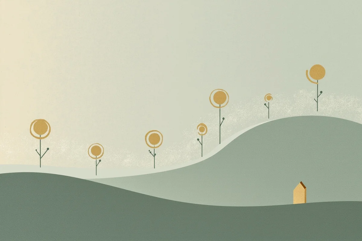Ilustração de roteiro horizontal em quatro etapas — lupa, balança, setas e metrônomo — partindo de um apartamento alugado e chegando a uma casa modesta brasileira.