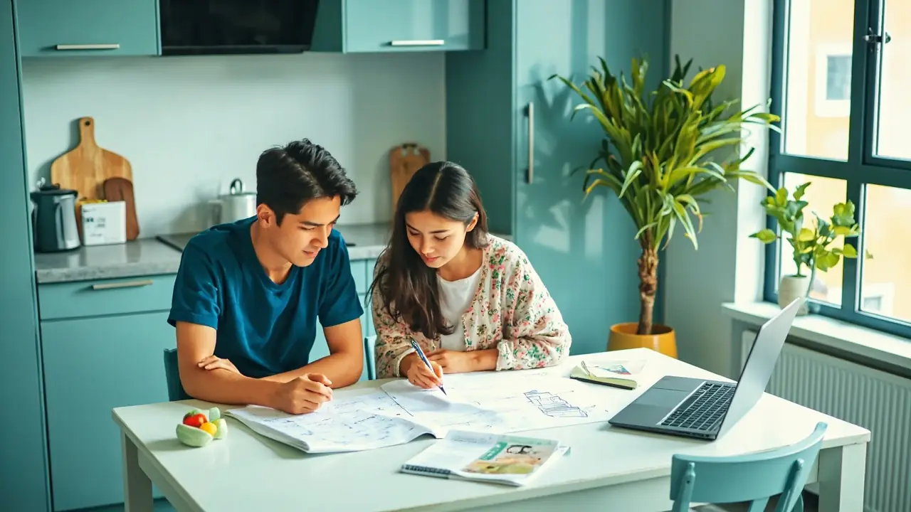 Casal brasileiro jovem em uma mesa de cozinha em domingo de manhã, planejando cinco anos com calendário, caderno, laptop com painel de orçamento e desenhos de uma casa modesta.